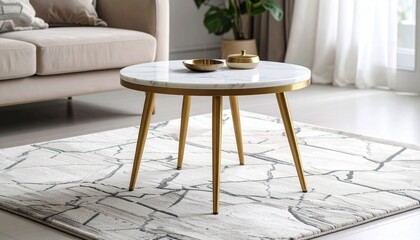 Compact coffee table with rounded marble top and brushed brass tripod legs, resting on a subtle patterned rug
