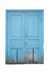Old blue double wooden door with peeling paint is isolated.