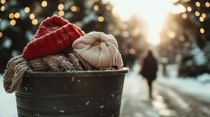 A collection of cozy winter hats piled in a metal bin, set against a snowy background with twinkling lights, evoking feelings of warmth and nostalgia during winter.