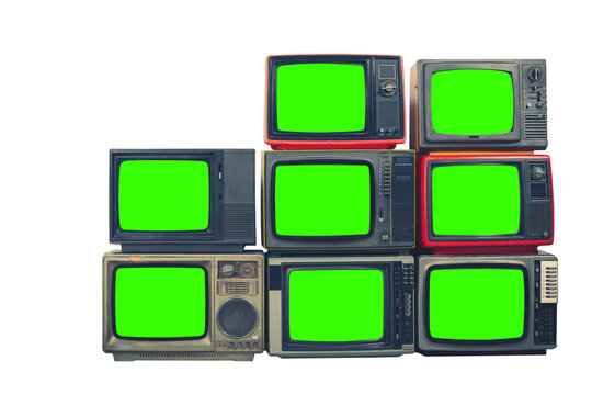 Vintage old televisions with chroma key green screen for designer isolated on white background, eight old retro TVs stacked with clipping path.