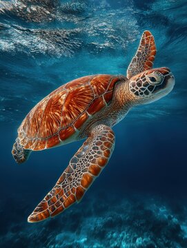 Pixelated Sea Turtle Swimming Underwater In A Vibrant Blue Ocean