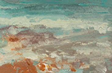 Sea oil painting. Abstract turquoise seascape. Impressionism, plein-air sketch, original work. The concept of bad weather storm. Artistic pictorial background for creative design of postcards, covers