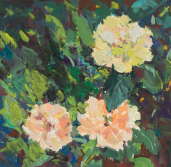 Yellow rose bush gouache painting. A bright flower bloomed in the garden. Creative hand-drawn illustration. Artistic original background for the design of postcards, notebooks, websites. Modern art