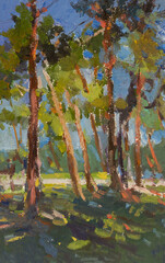 Green pine forest oil painting. Original oil painting. Calm summer landscape. Modern Impressionism. Beautiful pine trees in the forest. The concept of summer, warmth, travel. Magic painting. Vertical