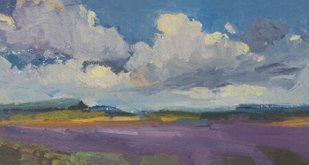 Lavender field oil painting. Beautiful illustration of a purple field. Summer landscape clouds. Provence style. Handmade author's work for the design of notebooks, notebooks, calendars. Modern art