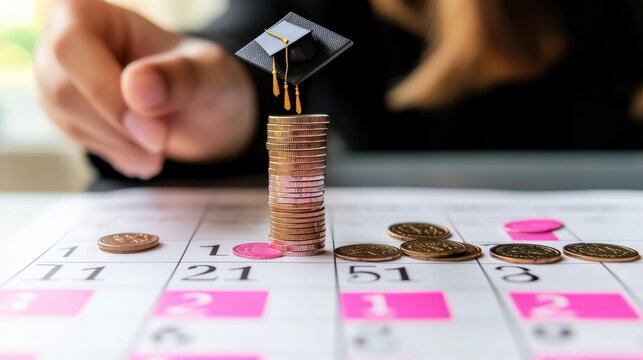 Graduation Cap on Coins with Calendar Planning for Education Investment