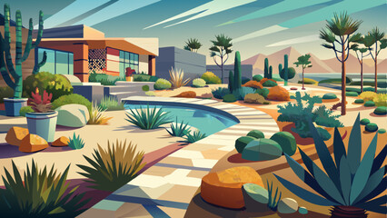 Modern drought-tolerant landscape design with gravel paths, native desert plants like succulents and agave, decorative rocks, and minimal water usage layout. Clean, sustainable