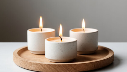 Three decorative candles in white ceramic stands.