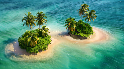 Warm sun-kissed sands meet a vibrant blue ocean, framed by swaying palm trees on a tropical beach
