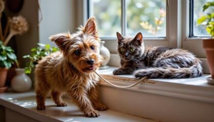 Obraz na płótnie Canvas Cute small dog and playful kitten resting on ill indoors with green plants and natural light, cozy home pets scene, adorable animals together