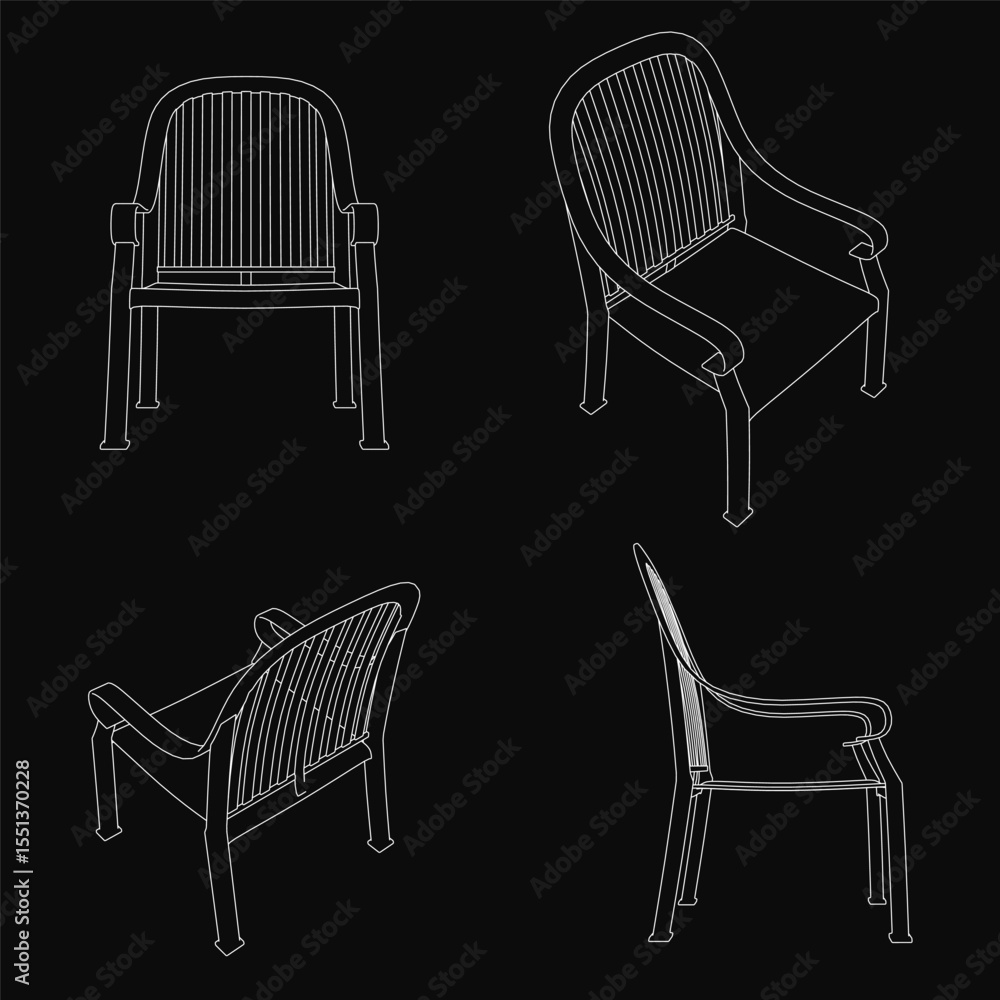Poster four unique chairs in a line drawing with clean outlines, each featuring distinct curved lines and b