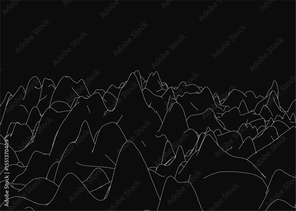Poster black and white line drawing of a mountain range with sharp peaks and intricate details, set against