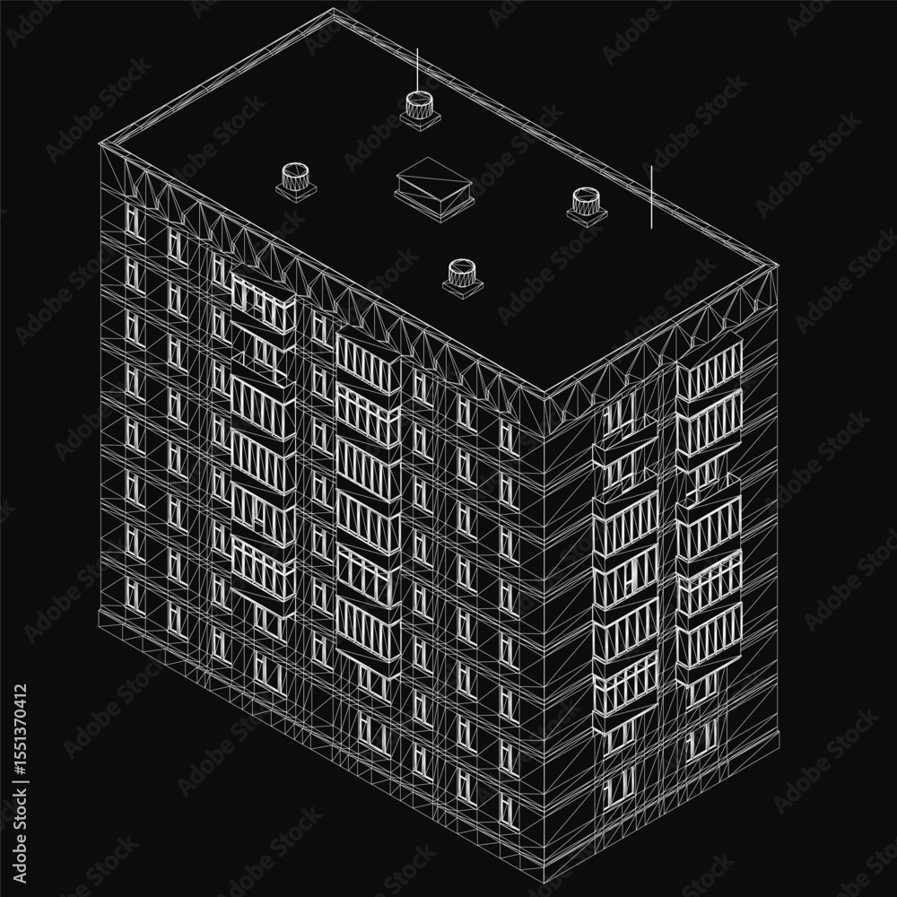 Poster a tall residential building 3d model displayed as a blueprint, showcasing detailed structural elemen