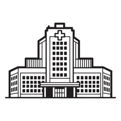 Fototapeta premium Black and white illustration of a modern hospital building with a prominent medical cross