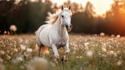 Obraz premium A stunning white horse with a flowing mane runs gracefully across a sunlit field filled with blooming flowers, capturing the essence of freedom and nature's beauty.