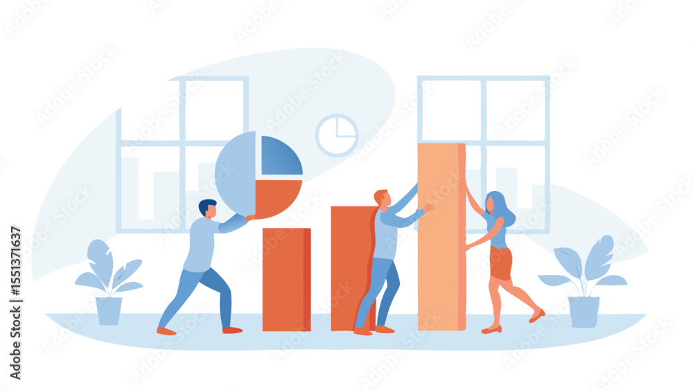 Aufkleber teamwork illustration showing people constructing bar graphs and pie chart in a bright office settin