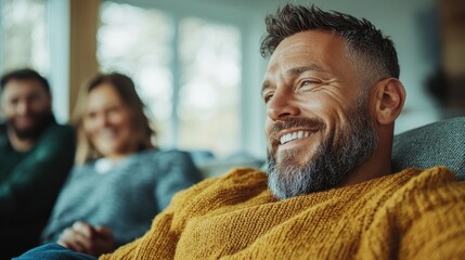A joyful image of a man laughing with friends in a comfortable and homely atmosphere, depicting the essence of camaraderie and shared happiness among close companions.