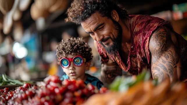 A touching moment of a father and his young son exploring a vibrant market, surrounded by fresh produce, showcasing the beauty of family and the joy of discovering together.