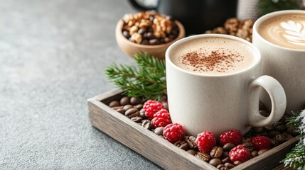 Two warm cups of coffee accompanied by fresh raspberries and nuts on a rustic wooden tray, creating a comforting and inviting atmosphere on a chilly day.