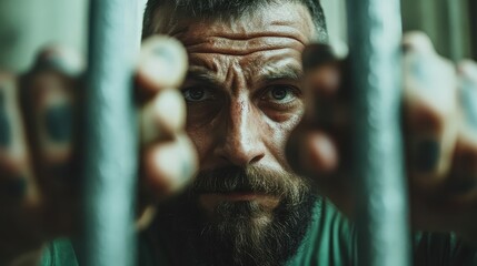 A rugged-looking man with a serious gaze grips prison bars, conveying deep emotions and the weight of confinement, highlighting a powerful human story of struggle and resilience.