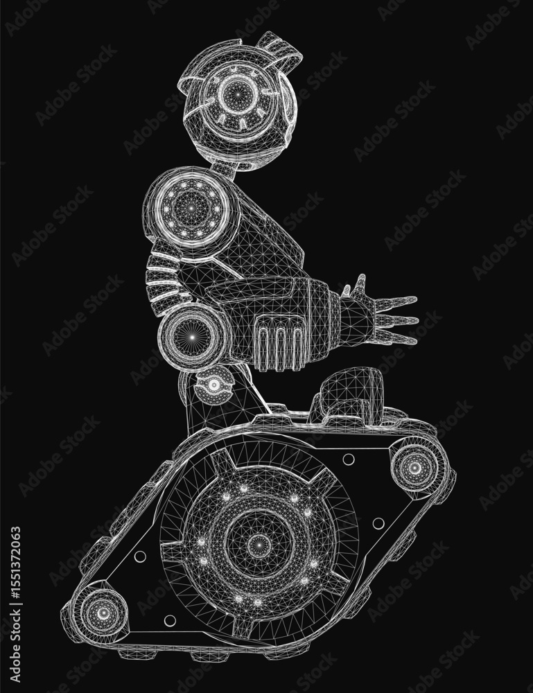 Poster a black and white wireframe robot stands on a dark background, featuring intricate lines and geometr