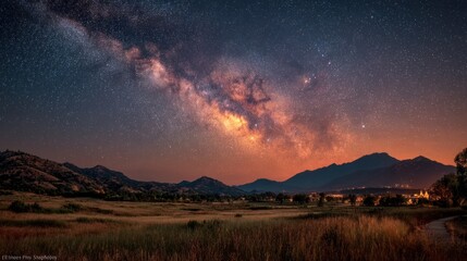 Obraz premium Stunning Milky Way Over Rural Landscape with Mountain Silhouettes at Night