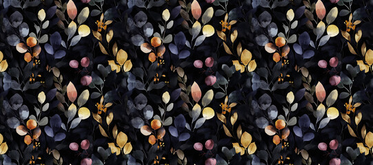 Botanical pattern: A seamless, repeating botanical pattern showcasing delicate leaves and berries in a watercolor style, exuding natural elegance and artistic flair.