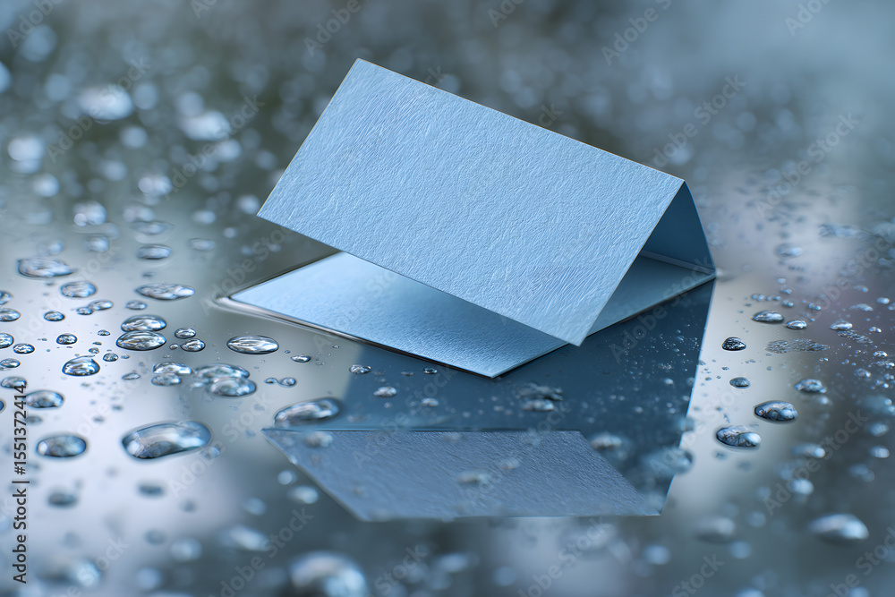Poster folded paper on wet surface: a delicate blue piece of paper is carefully folded, resting on a reflec