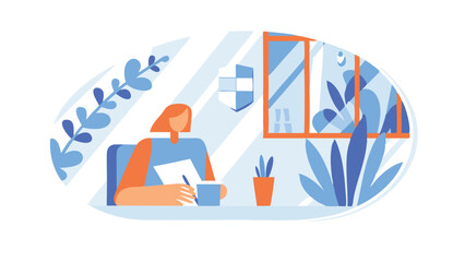 A woman writing at a desk near a window surrounded by plants in a stylized illustration scene view