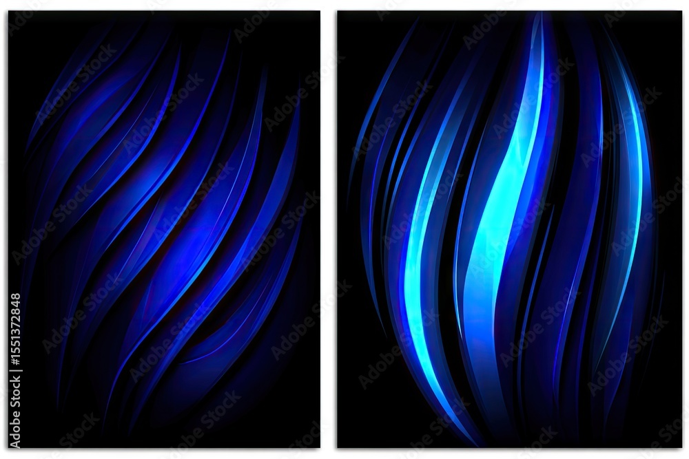 Poster two abstract panels featuring dynamic, blue, flowing lines on a black background. each panel display
