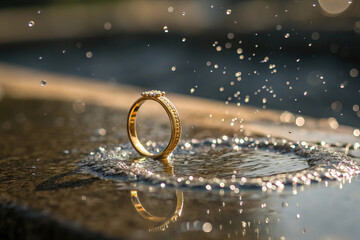 Gold Ring Hovering Above Sparkling Surface