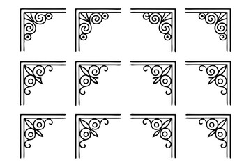 Ornamental Corner Design Elements: A set of elegant, detailed black corner design elements, each adorned with swirling patterns and intricate motifs.
