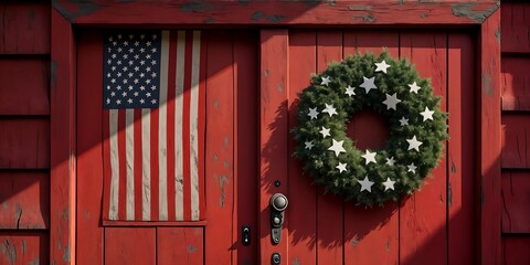 Rustic Red Barn Door Adorned with American Flag and Star Decorated Wreath