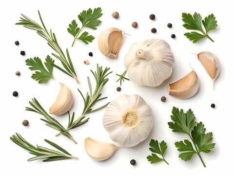 Fresh garlic bulbs and cloves with rosemary sprigs and parsley leaves scattered on a white background,png