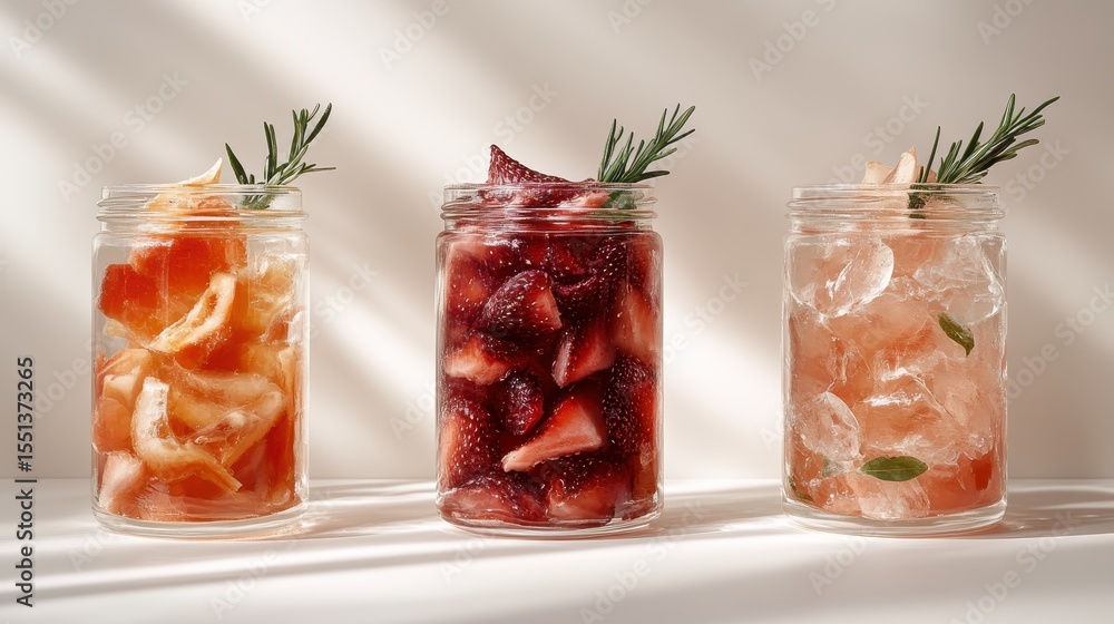 Poster a visually appealing display of jars filled with colorful fruit slices and refreshing ingredients, r