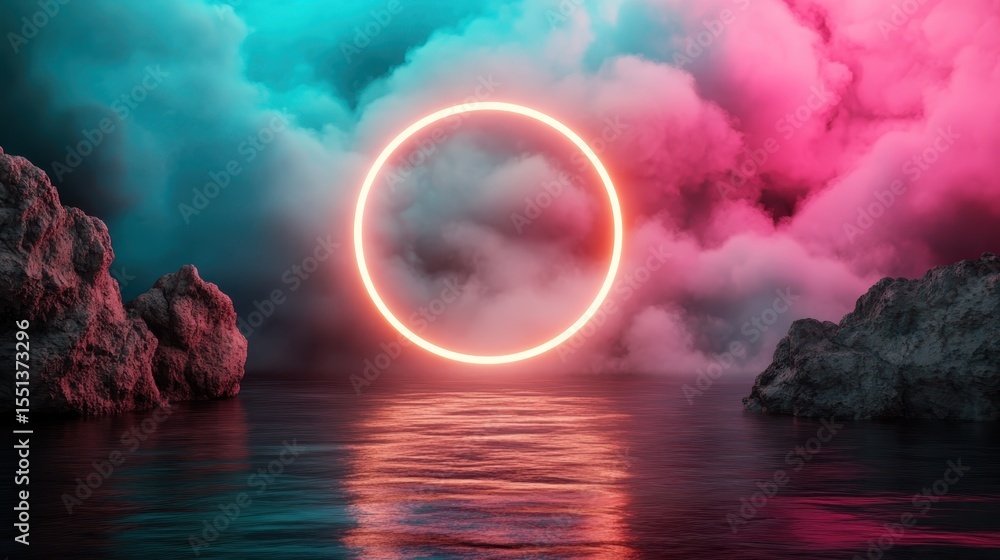 Poster an artwork depicting a vibrant cloudscape with an illuminated circle, symbolizing an ethereal connec