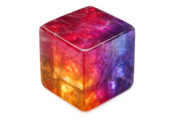 Translucent geometric cube emitting colorful luminescence, glowing with vibrant rainbow spectrum on clear backdrop
