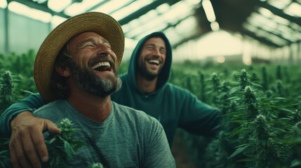 Two happy farmers laugh together in a lush garden, showcasing the joy of companionship, hard work, and the abundance of nature in an uplifting, nurturing environment.