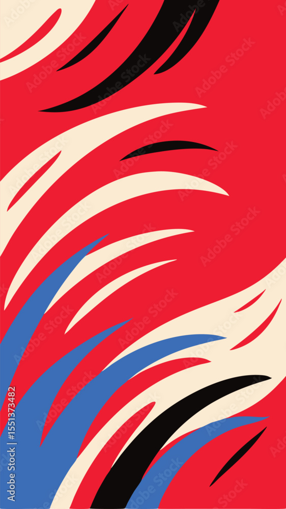 Poster abstract composition featuring bold red and contrasting colors in a creative and dynamic arrangement