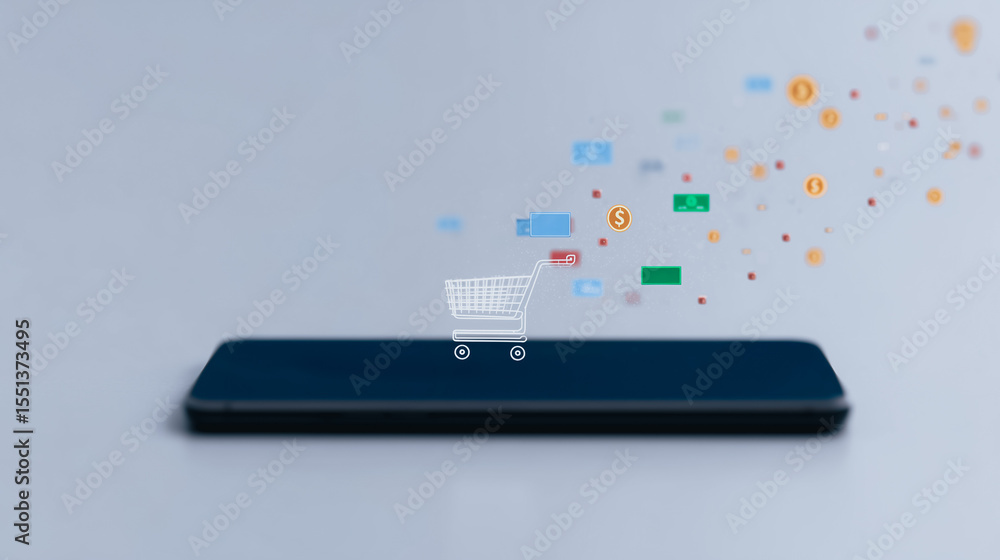 Poster mobile shopping spree: a smartphone displays a shopping cart icon with various currency symbols and 