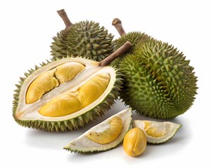 Obraz premium Fresh durian fruit cut open revealing yellow flesh and seeds on white background