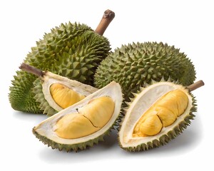 Obraz premium Fresh durian fruit cut open revealing yellow flesh and seeds on white background