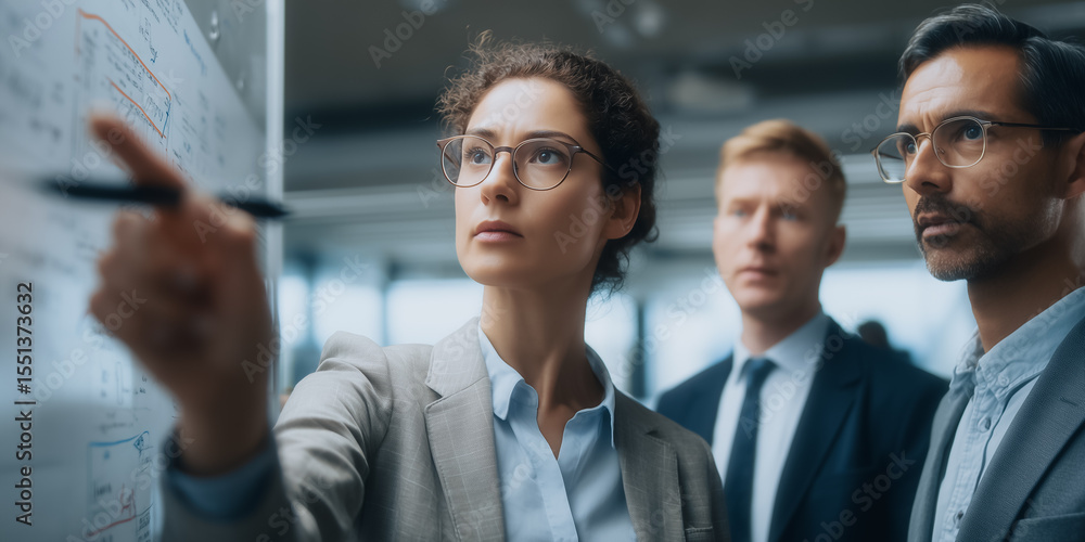 Poster strategic insights: a focused group of business analysts collaborates intently around a detailed fin