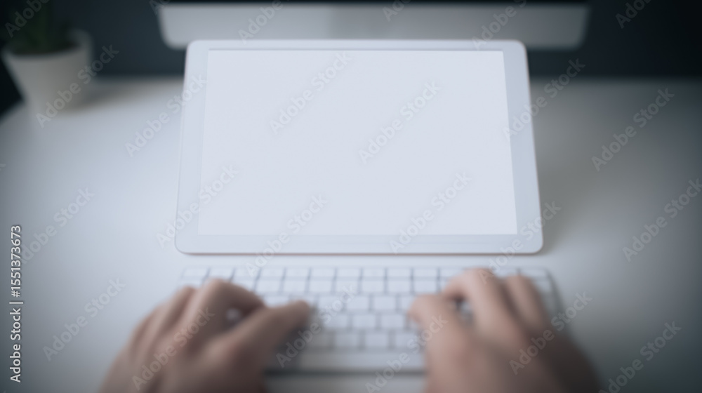 Aufkleber digital interface: a person uses a tablet and keyboard in a modern office setting. emphasizing the s