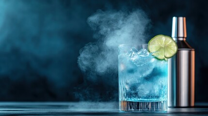 A vibrant blue cocktail, garnished with a lime slice, creates a refreshing look, paired with mist and ice, evoking a sense of relaxation and summer vibes.
