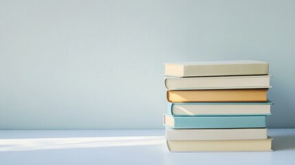 Colorful stack of books against a wall in serene indoor setting