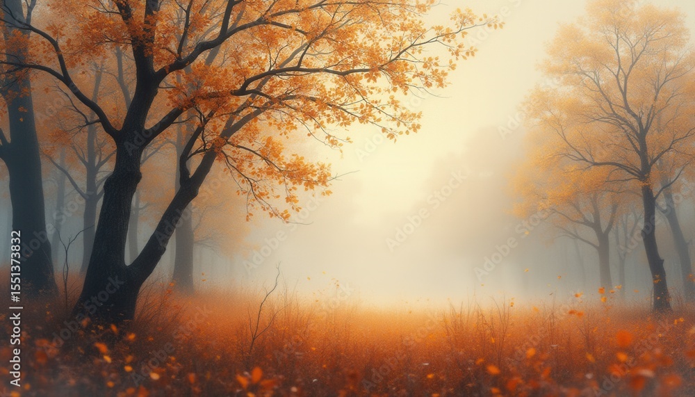 Poster mystical autumn forest with falling leaves and serene trees