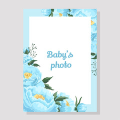 Baby blue photo frame with beautiful peonies flowers Its a boy