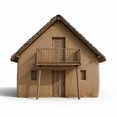 Modern architecture in Africa mud house with balcony and wooden supports

