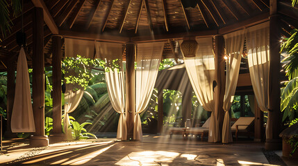 The tropical resort in Thailand features a long, covered wooden walkway connecting the old-style buildings and rooms